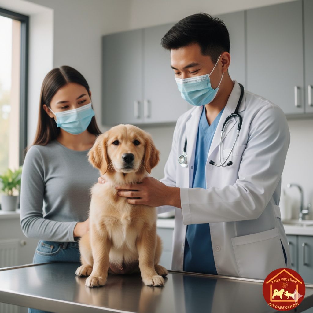 Bác sĩ của MonVet Clinic Cẩm Phả đang khám sức khỏe cho chó con với sự chứng kiến của chủ nuôi
