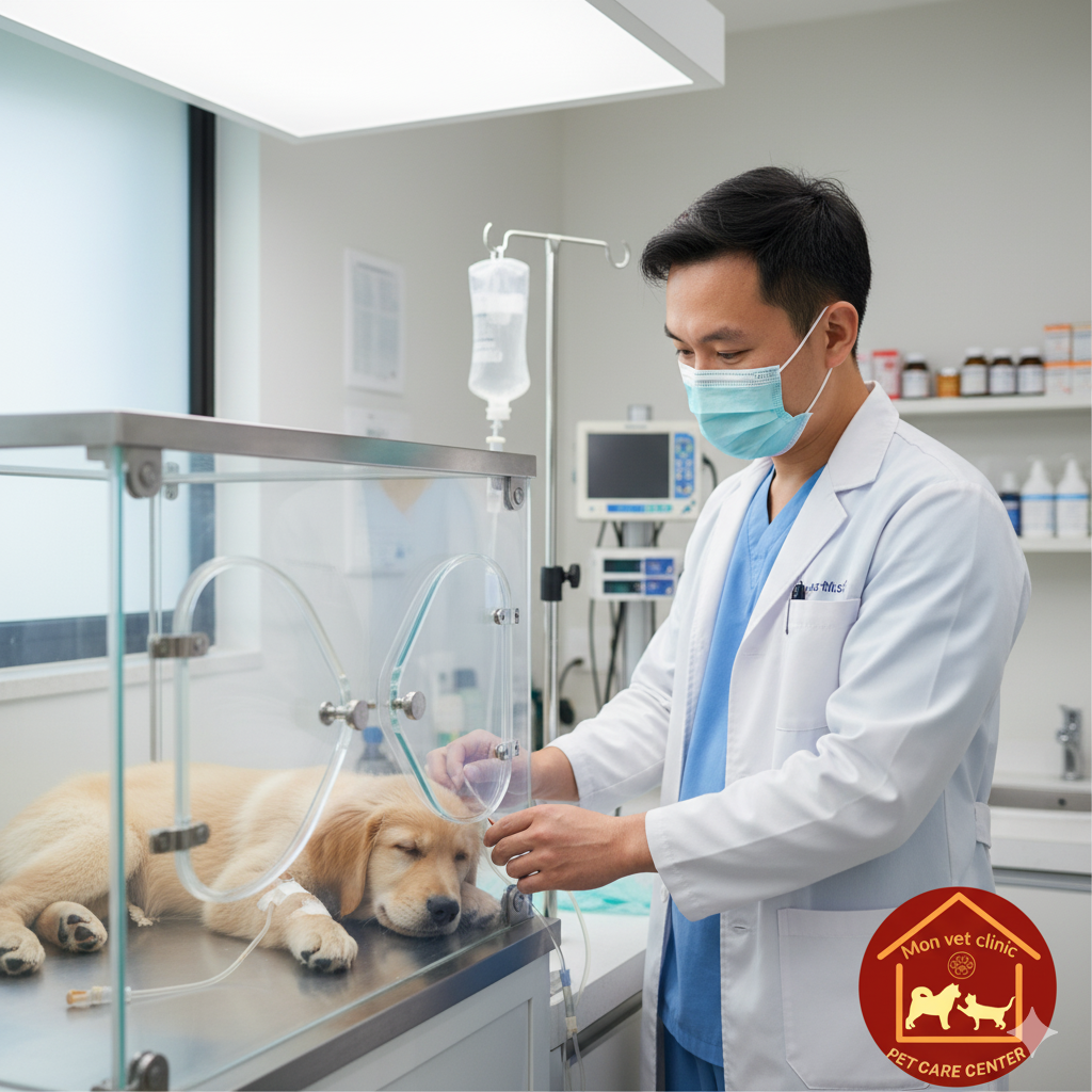 Bác sĩ  MonVet Clinic Cẩm Phả đang điều trị tích cực cho chó mắc bệnh Carré