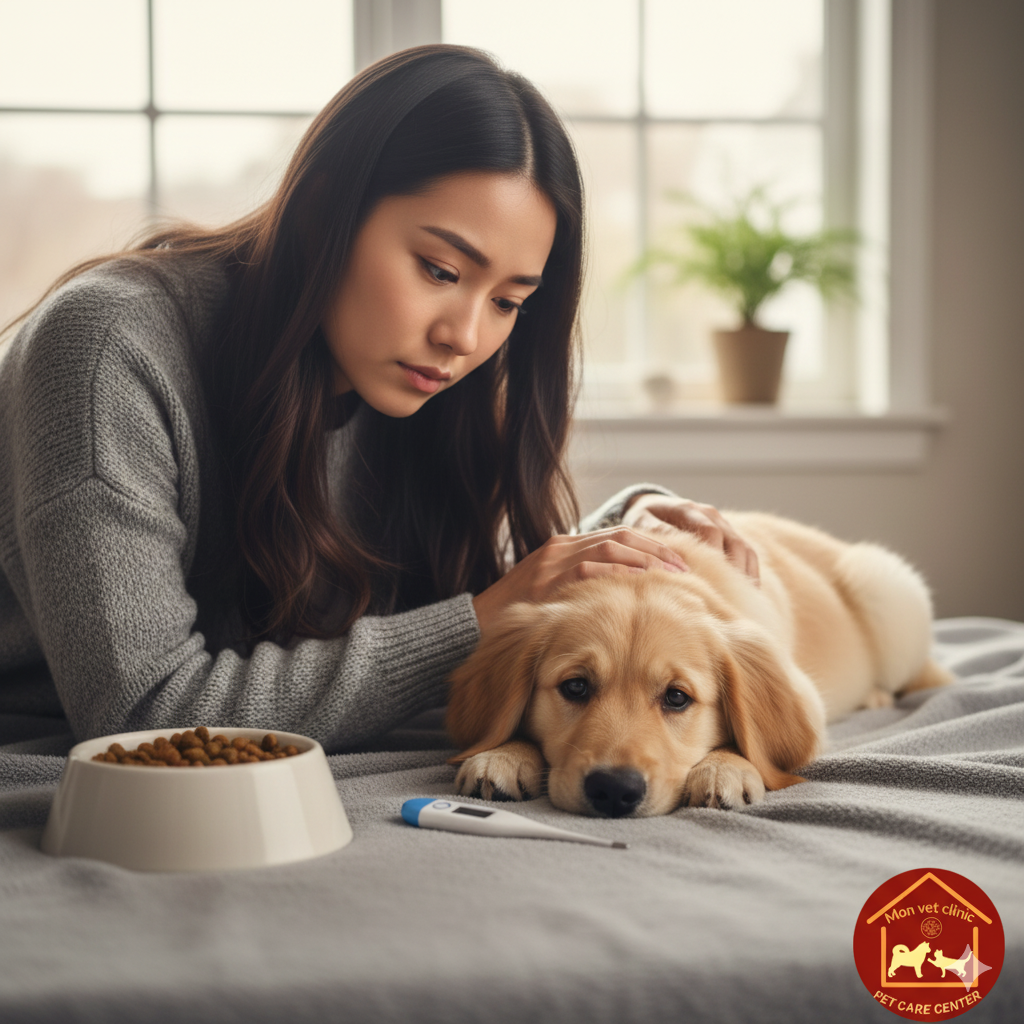 Chủ nuôi lo lắng khi thấy chó bỏ ăn mệt mỏi, cần được tư vấn bởi bác sĩ thú y tại MonVet Clinic Cẩm Phả.