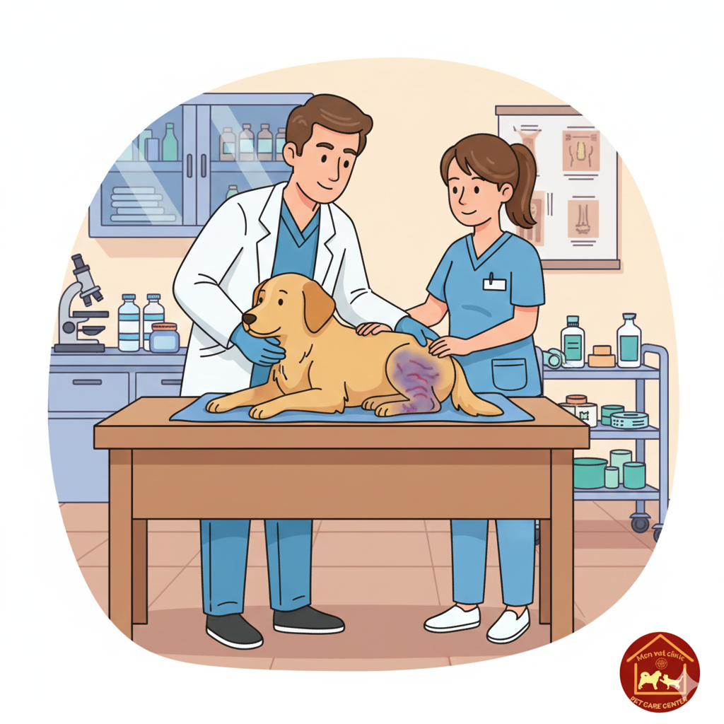 chấn thương phần mềm ở chó mèo gồm rách cơ, tụ máu và phù nề được bác sĩ thú y kiểm tra tại MonVet
