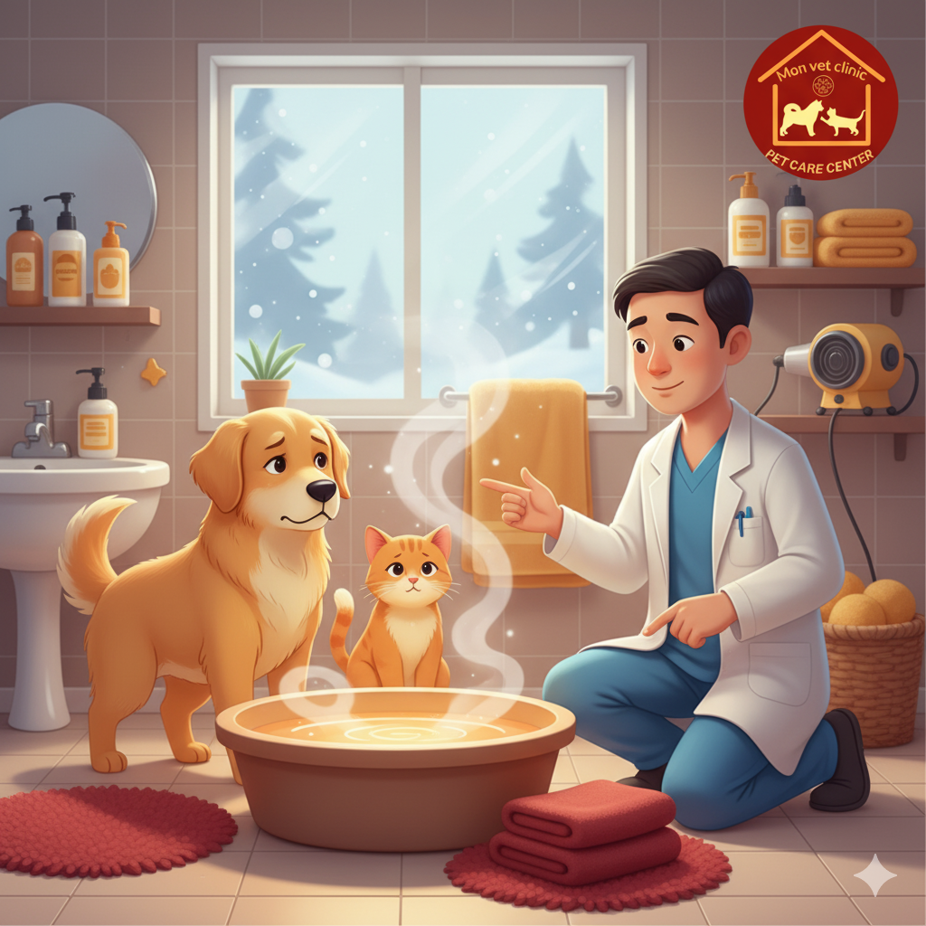 “Chó mèo không muốn tắm trong mùa lạnh – bác sĩ thú y hướng dẫn cách tắm ấm đúng chuẩn tại Monvet.”
