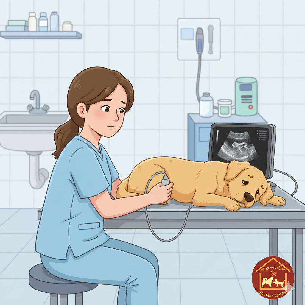 Ảnh minh họa đẻ khó ở chó đang được bác sĩ thú y siêu âm kiểm tra thai