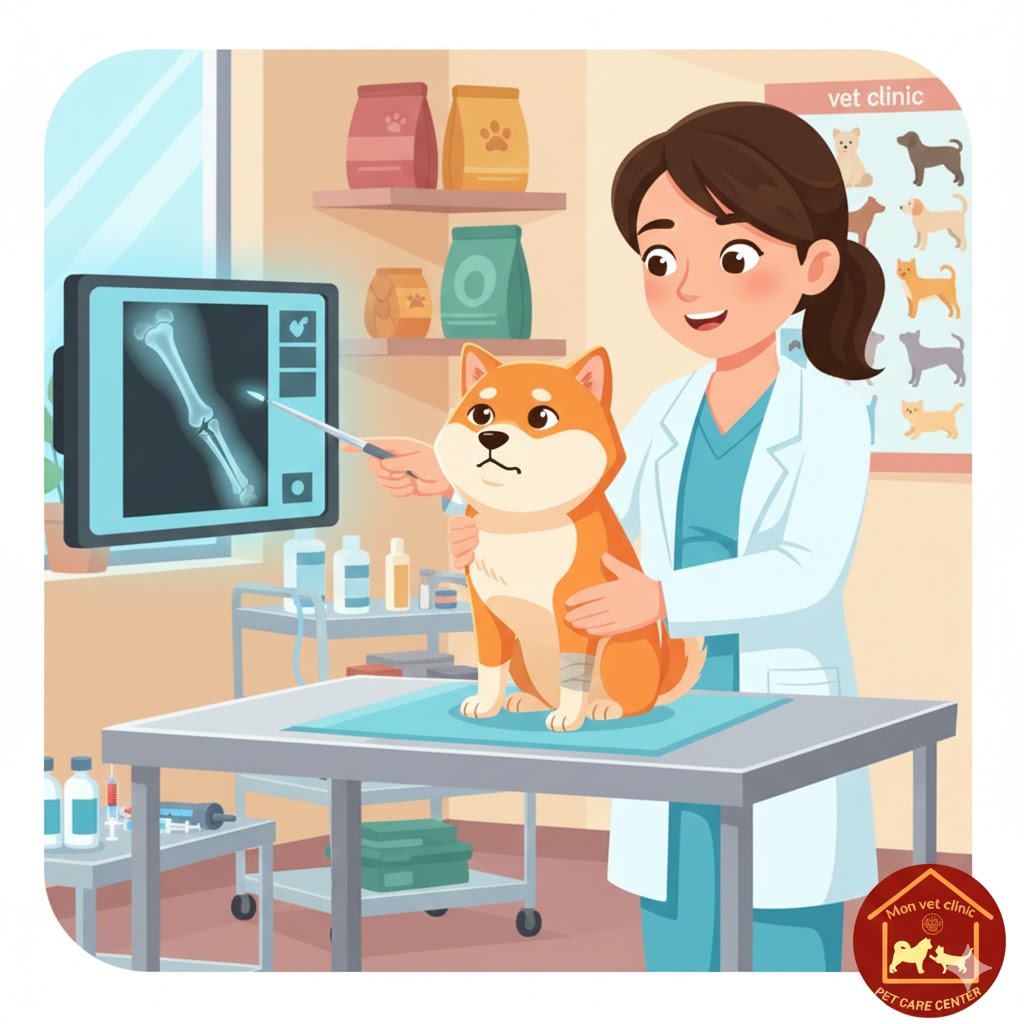Bác sĩ thú y kiểm tra và chẩn đoán gãy xương ở chó mèo bằng X-quang trước khi phẫu thuật nẹp xương.