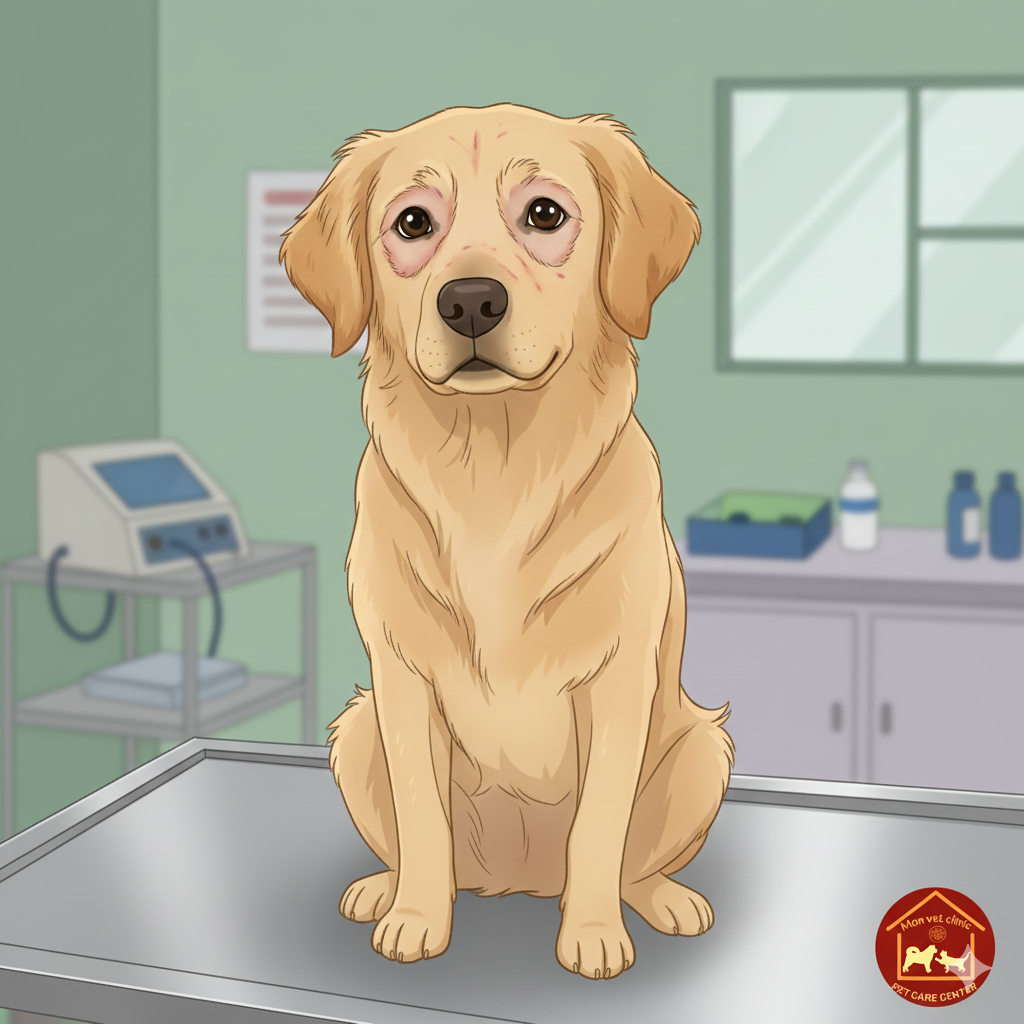 Chó bị ghẻ Demodex với vùng rụng lông quanh mặt và mắt – minh họa hoạt hình tại phòng khám thú y MonVet