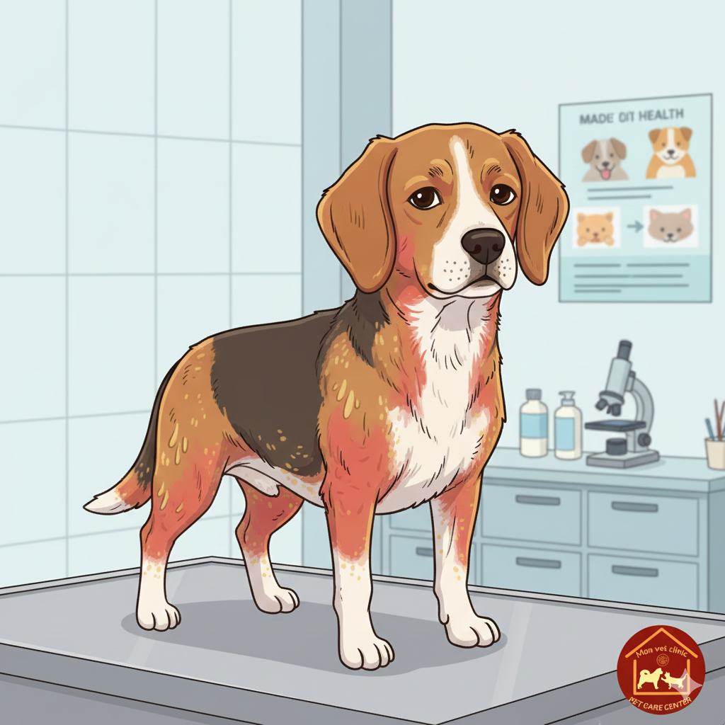 Chó bị viêm da Malassezia với da đỏ, nhờn và rụng lông – minh họa hoạt hình tại phòng khám thú y MonVet.
