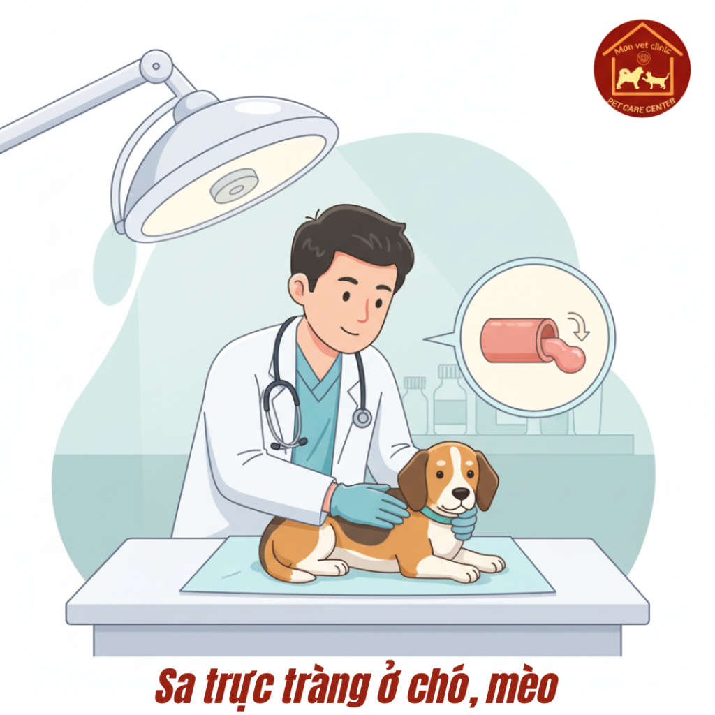 Minh họa hoạt hình bác sĩ thú y kiểm tra sa trực tràng ở chó, mô tả trực tràng lòi niêm mạc (pyrexia prototype) tại MonVet Clinic.