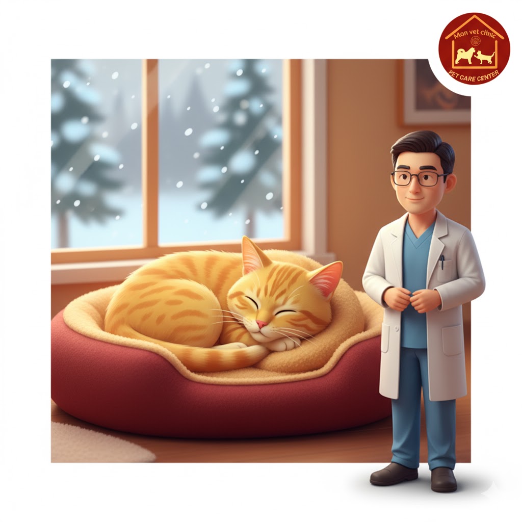 “Thú cưng ngủ nhiều trong mùa lạnh – minh họa bác sĩ thú y quan sát hành vi nghỉ ngơi của chó mèo tại Monvet.”