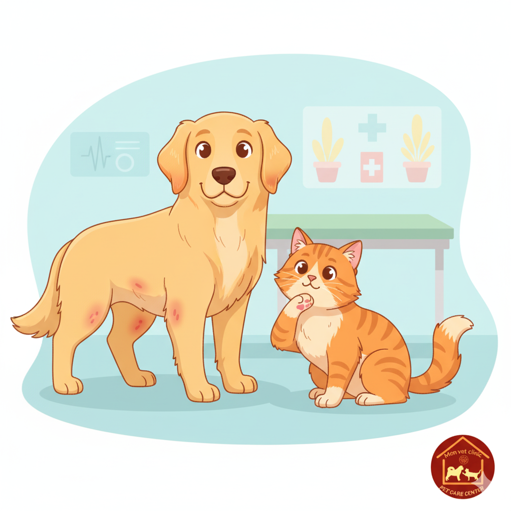 “Chó và mèo bị viêm da dị ứng với vùng đỏ da và rụng lông nhẹ trong phòng khám thú y.”