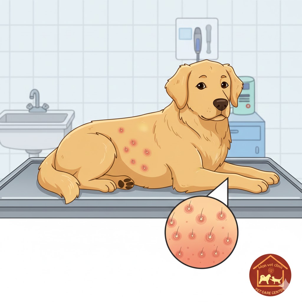 Chó bị viêm nang lông với mụn đỏ và rụng lông thành mảng – minh họa hoạt hình MonVet.
