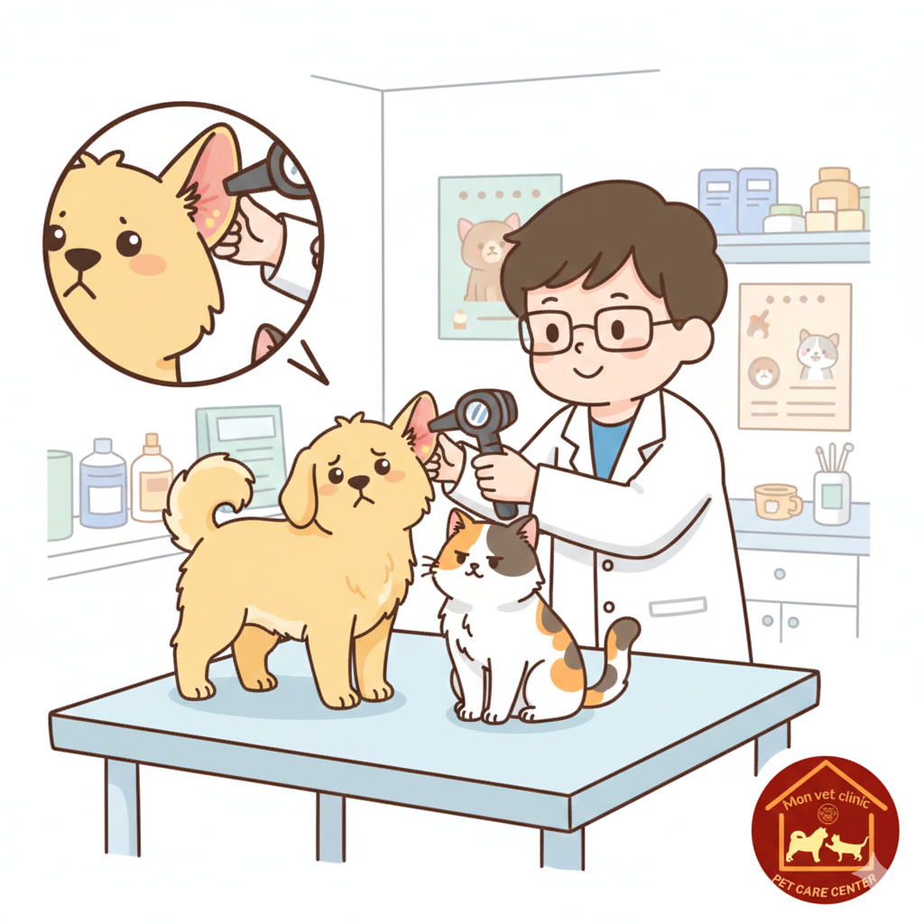 Hình minh họa viêm tai giữa ở chó mèo – bác sĩ kiểm tra tai bằng otoscope