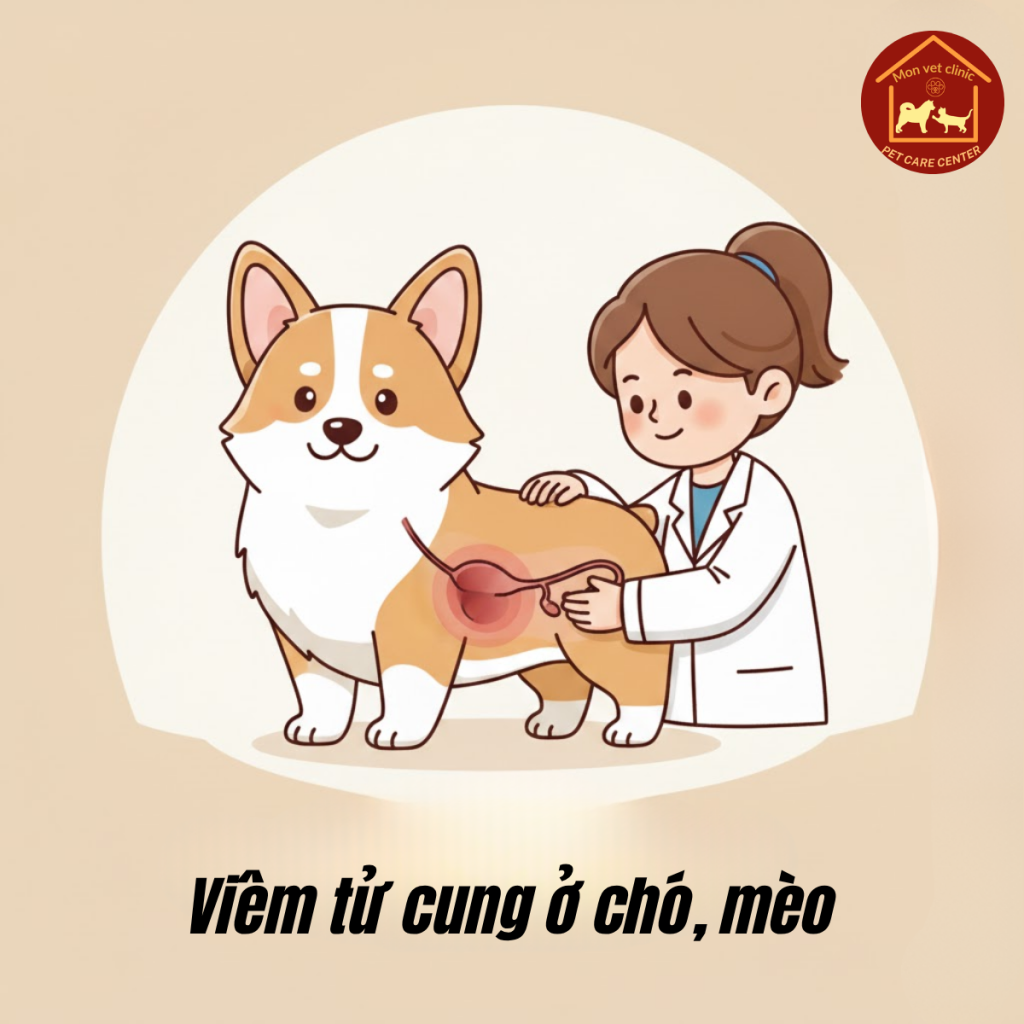 viêm tử cung ở chó cái với tử cung sưng mủ và bác sĩ thú y kiểm tra