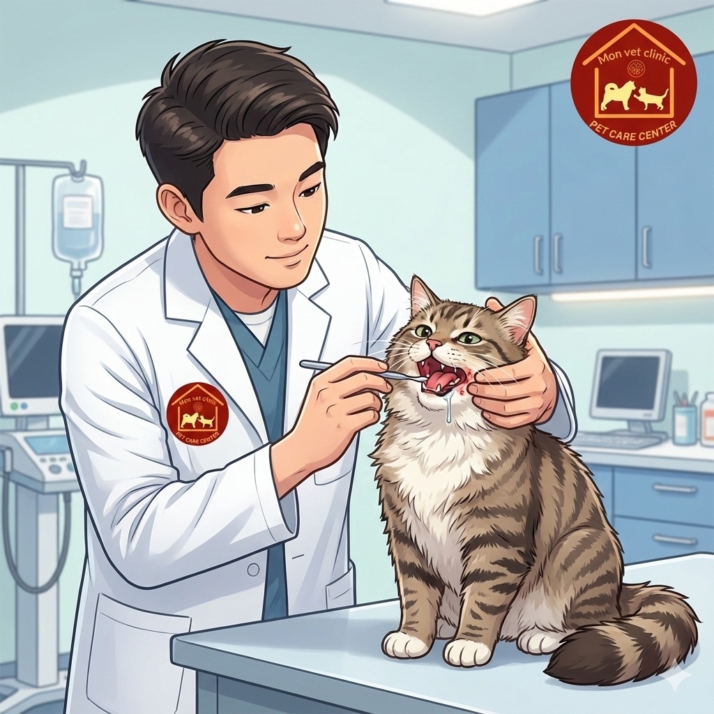 Ảnh minh họa hoạt hình tỉ lệ 1:1. Một bác sĩ thú y NAM người châu Á, trẻ trung, chuyên nghiệp, mặc áo blouse trắng, có logo phòng khám MonVet trên áo và logo MonVet ở góc trên bên phải ảnh. Bác sĩ đang kiểm tra miệng một con mèo bị bệnh Calicivirus: miệng mèo loét nhẹ, chảy nước dãi, mèo có biểu hiện đau miệng nhưng không ghê rợn. Phong cách hoạt hình y khoa hiện đại, màu sắc sạch sẽ, thân thiện, ánh sáng rõ, nền phòng khám thú y. Không có chữ trên ảnh.