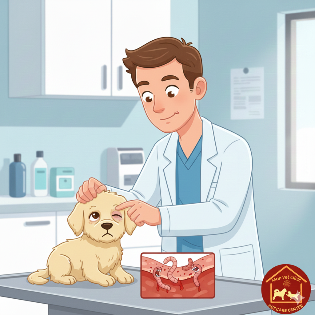 chó con bị thiếu máu do giun móc, bác sĩ thú y đang kiểm tra niêm mạc