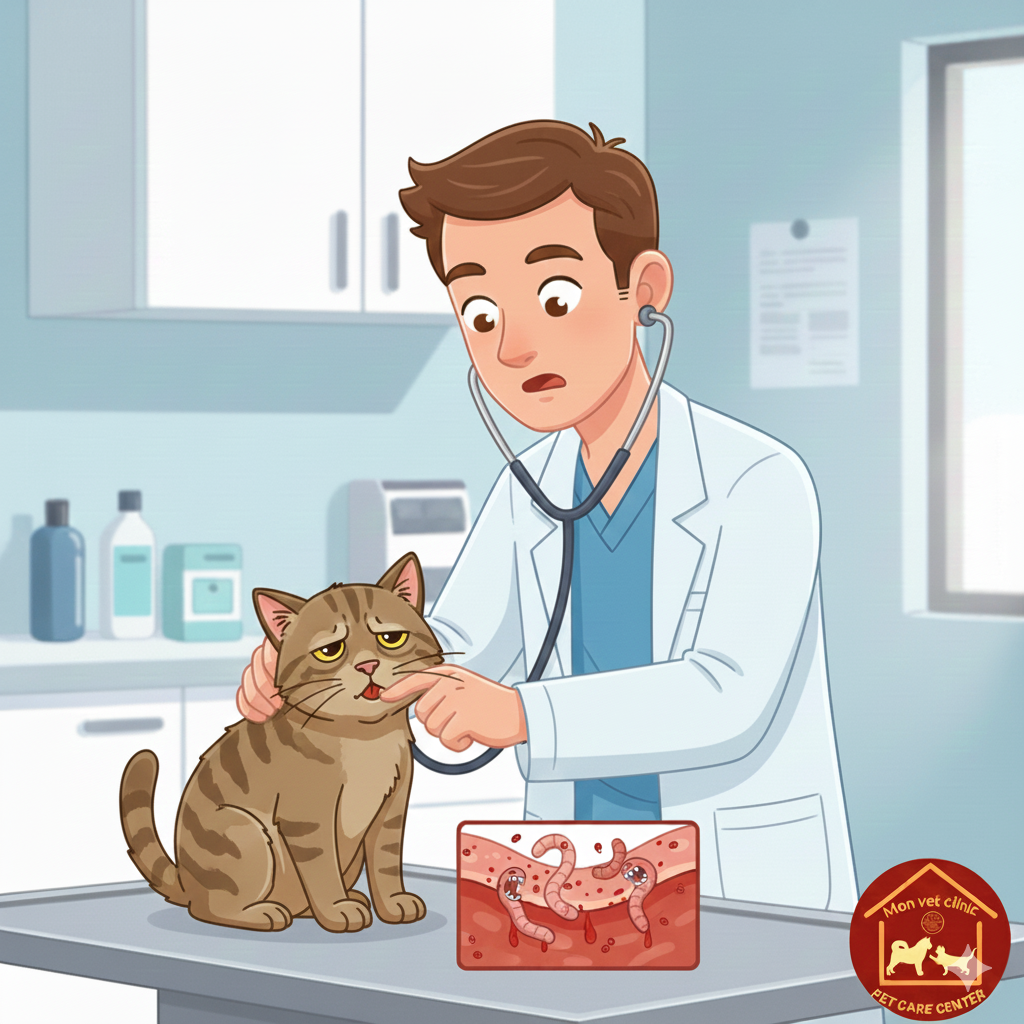 bác sĩ thú y kiểm tra mèo bị ho kéo dài do sán lá phổi paragonimus