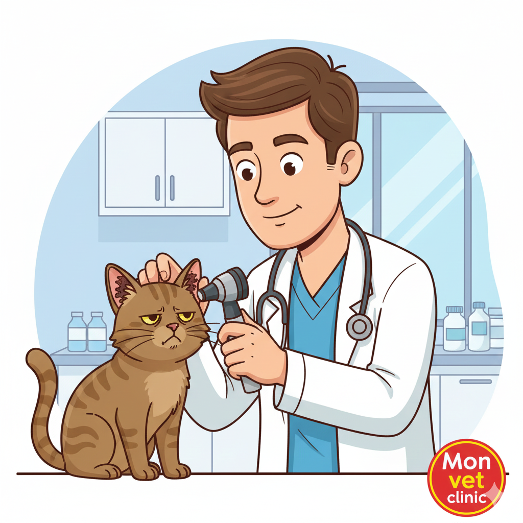 bác sĩ thú y soi tai mèo kiểm tra ve otodectes
