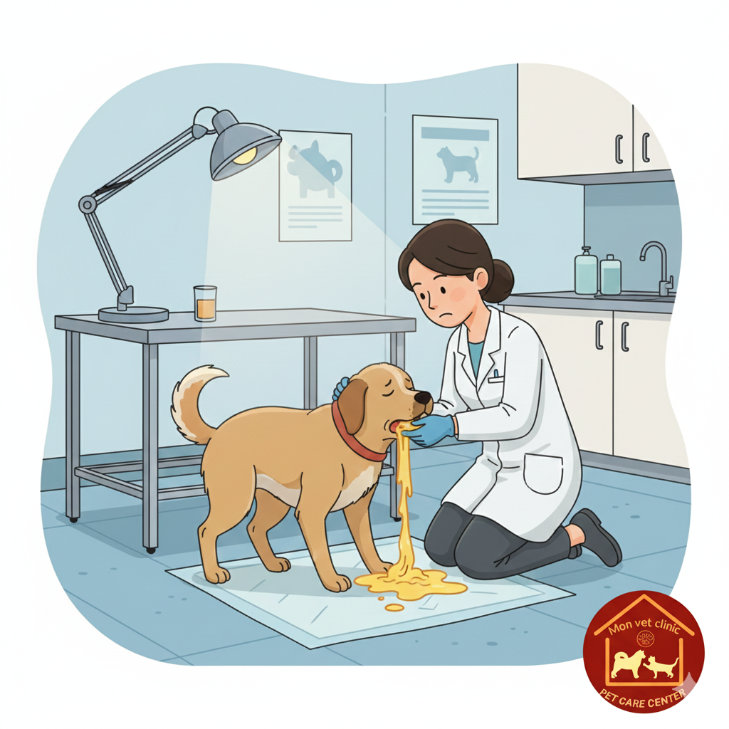 Chó nôn dịch vàng do viêm dạ dày cấp, bác sĩ thú y đang kiểm tra trong phòng khám MonVet.