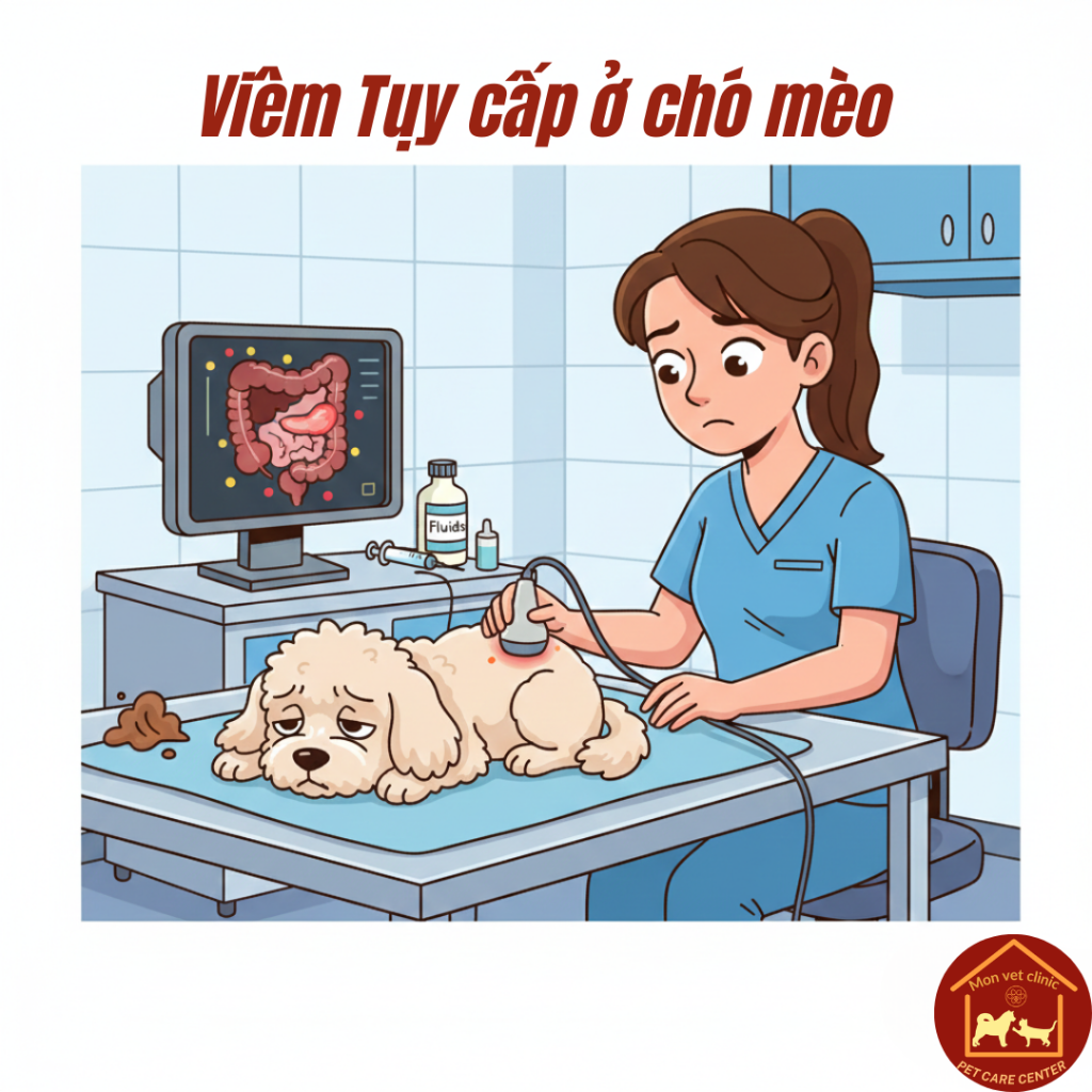 chó mèo bị viêm tụy cấp với dấu hiệu nôn, đau bụng và mất nước được bác sĩ thú y chẩn đoán tại MonVet