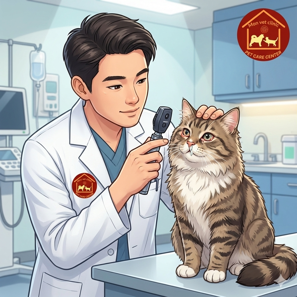 Bác sĩ thú y kiểm tra mèo bị herpesvirus gây hắt hơi và viêm mắt