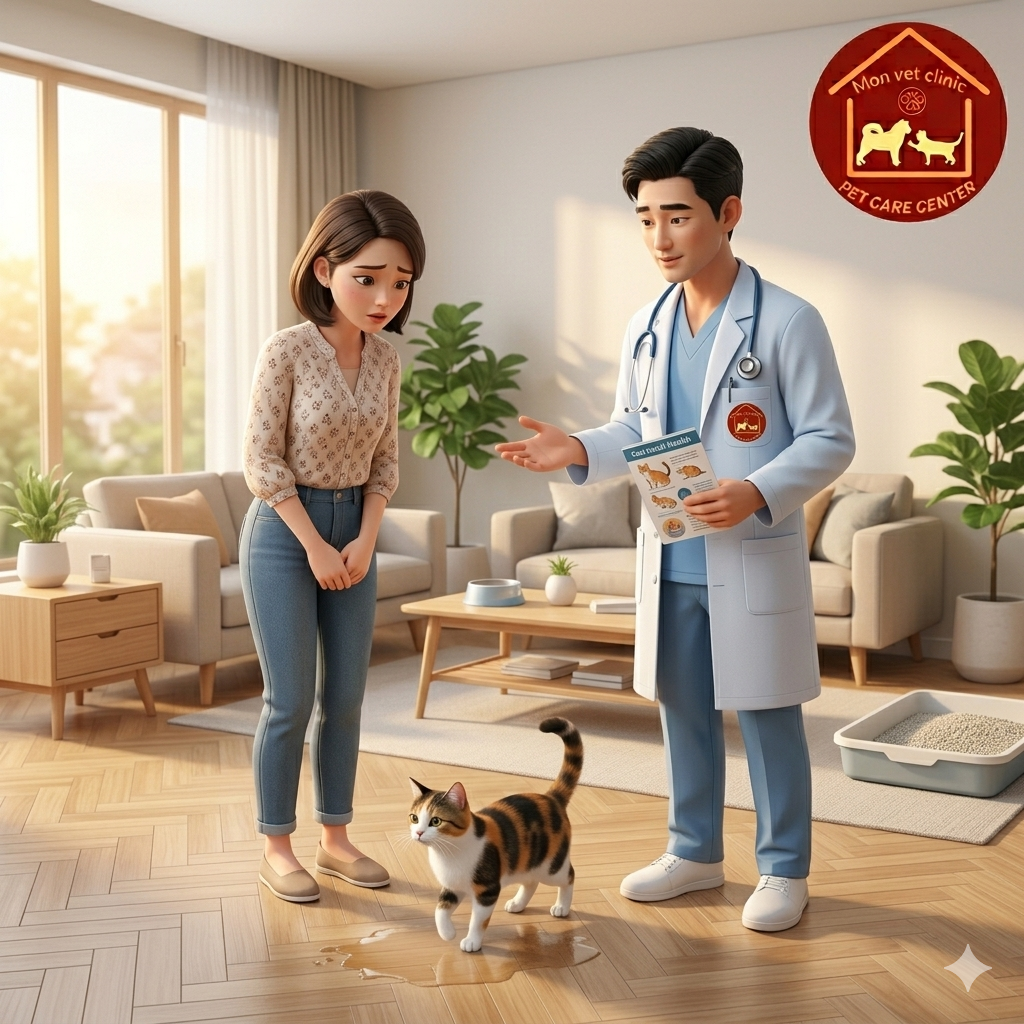Mèo đi tiểu ngoài khay có thể liên quan đến stress hoặc các bệnh đường tiết niệu cần được kiểm tra sớm.